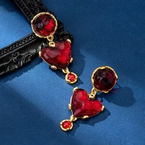 18K Gold Plated Red Cabochon Heart Dangle Earring